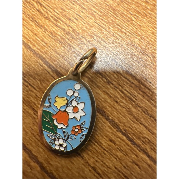 Vintage Cloisonné Brass Double Sided Enamel Flowers Taiwan 3/4" Pendant - Picture 2 of 6
